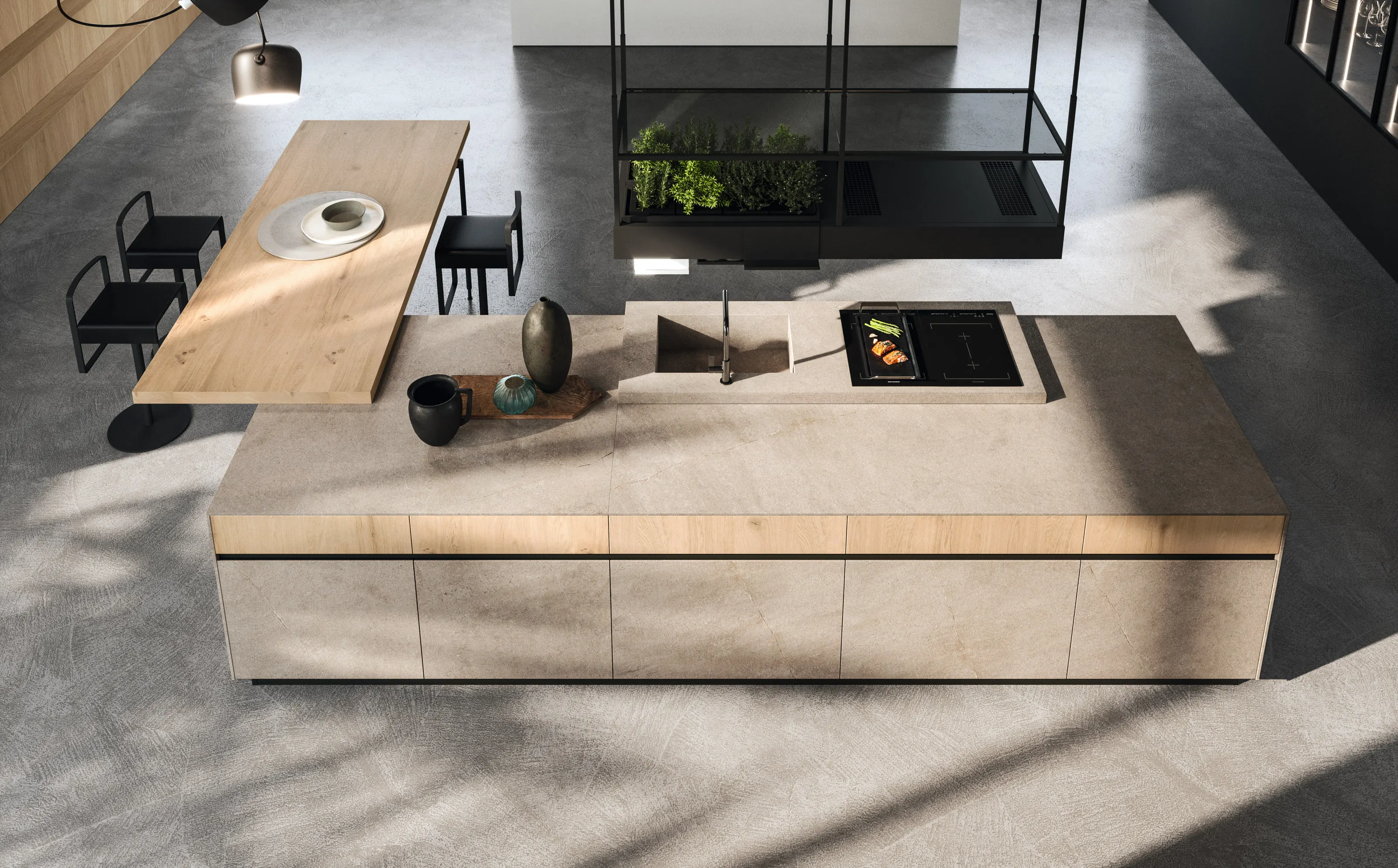 Cocina Arrital con isla de madera y mesa de encuentro